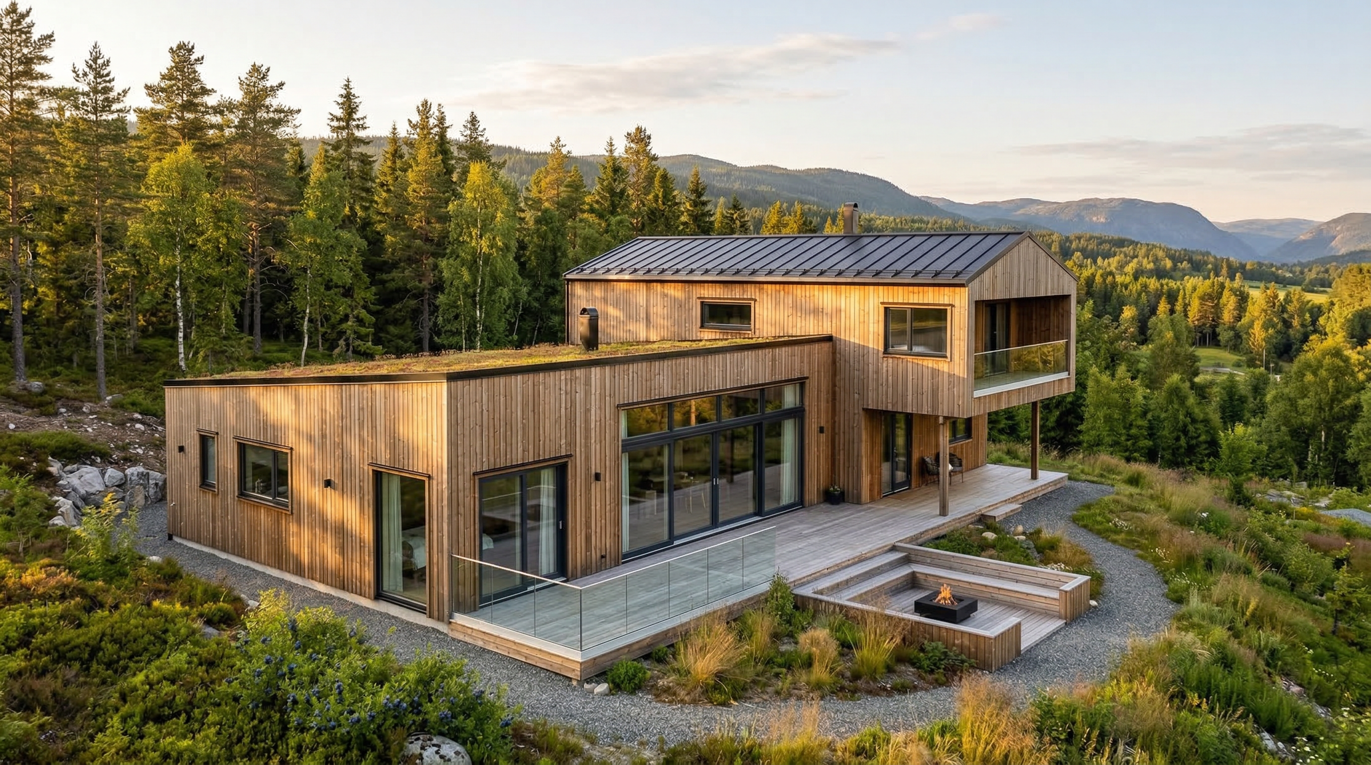 Moderne trehus i norsk landskap